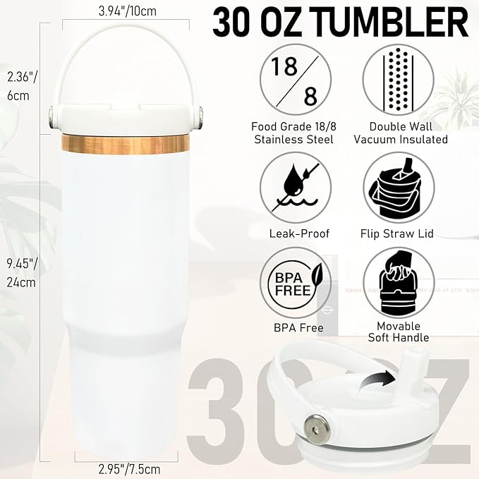 30 oz Tumbler with Handle and Straw, Vacuum Insulated Tumblers with Flip Straw and Top Handle, Leakproof Powder Coated Tumbler, Stainless Steel Travel Mug for Coffee Water (White, 1 Pack)