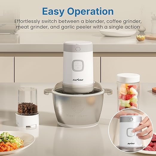 Electric Blender and Food Processor Combo: 4 in 1 Food Grinder for Grinding Meat Coffee, Peeling Garlic & Juicing, 350W Food Chooper with 1.8L Stainless Steel Bowl & 2 Cups, 2 Speed, White