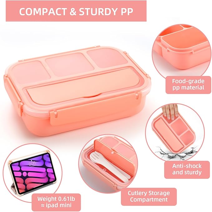 QQKO Bento Box Adult Lunch Box, Lunch Containers for Adults Men Women, Kids Lunch Boxes for School with 4 Compartments, Sauce Container, Utensils and Muffin Cups, Pink