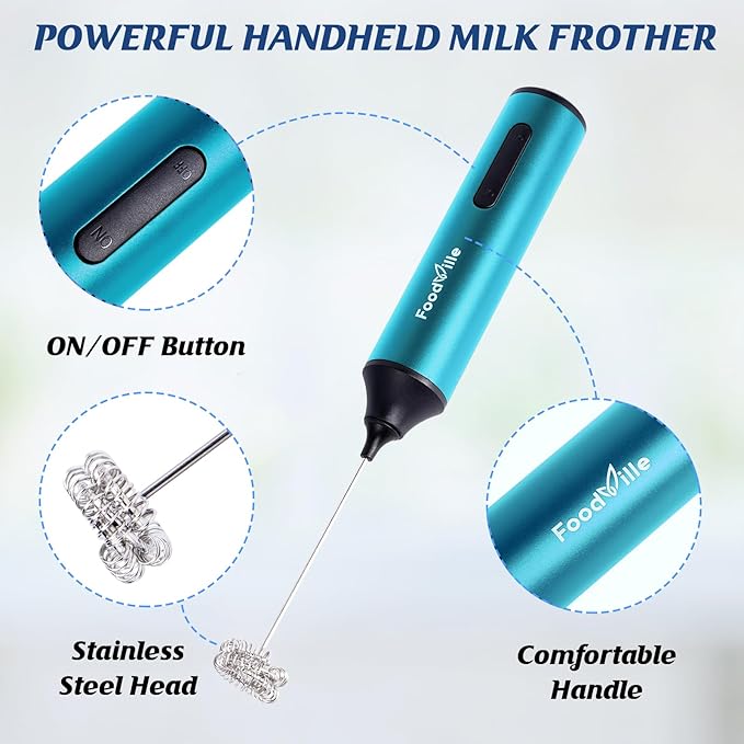FoodVille MF05 Rechargeable Milk Frother USB Charging Handheld Foam Maker with Stainless Balloon Whisk for Cappuccino, Latte, Bulletproof Coffee, Keto Diet, Protein Powder, Matcha (Azure Blue)