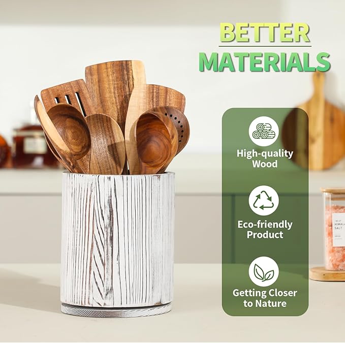 Wooden Utensil Holder, 360°Rotating 7.3'' Large Utensil Holder for Kitchen Counter, Kitchen Utensil Organizer, Utensil Crock, Farmhouse Kitchens Countertop Decor, Distressed White