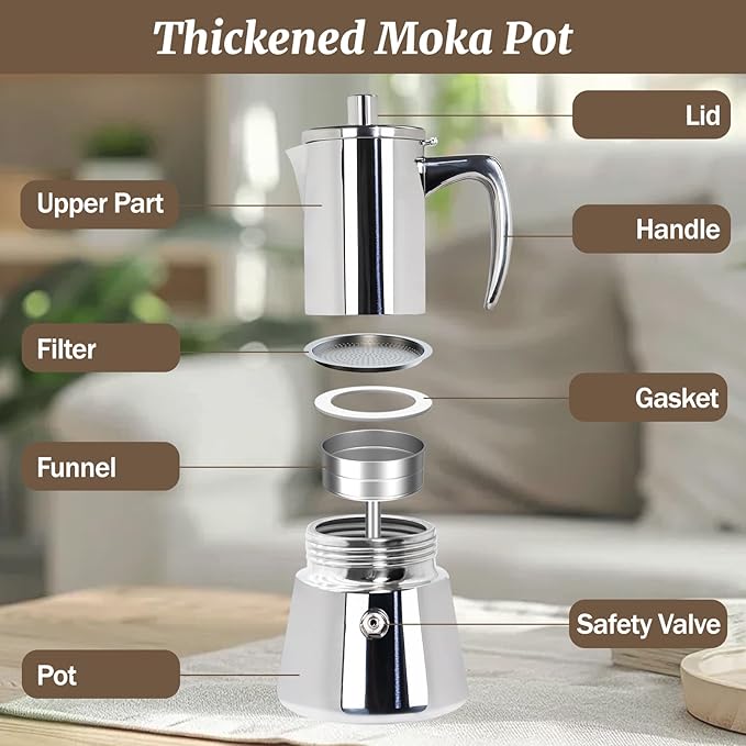 4 Cup Thickened Moka Pot 304 Stainless Steel 200ml Italian Espresso Coffee Maker Stovetop CoffeeMakers Mocha Pot Percolator for Induction Stove Classic Cafe Makers Portable for Easy Brewing