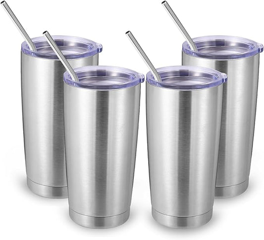 Volhoply 20oz Stainless Steel Tumbler with Lid and Straw Bulk 4 Pack,Double Wall Insulated Travel Iced Coffee Mug Fits Cup Holder,Powder Coated Cups for Hot/Cold Drinks,Christmas Gifts（Silver,4 Set）
