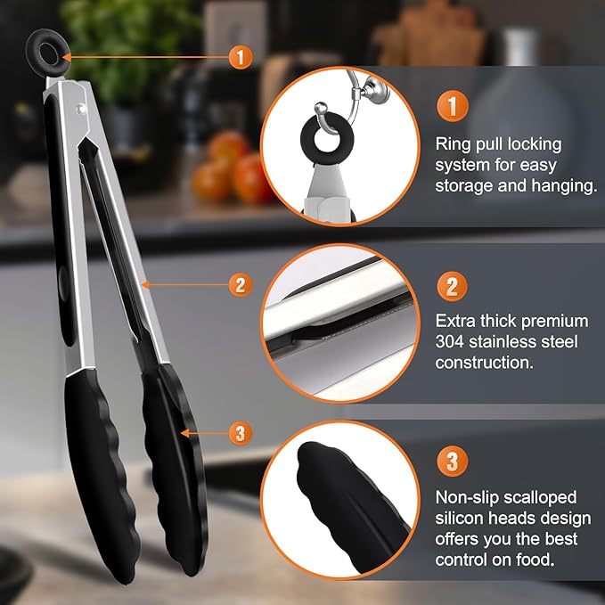 Premium Stainless Steel Heat Resistant Kitchen Tongs for cooking,set of 9" and 9" (Black),Non Scratch Silicone cooking Tong Tip for Cooking Pans,Strong Grip BBQ tongs for Grabbing Hot Food