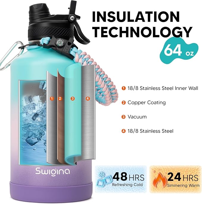 Swigina [2-IN-1 LID] 64 oz Insulated Water Bottle with Silicone Boot (48hrs Cold/24hrs Hot) - DIY Stickers, Leakproof, BPA Free, Half Gallon