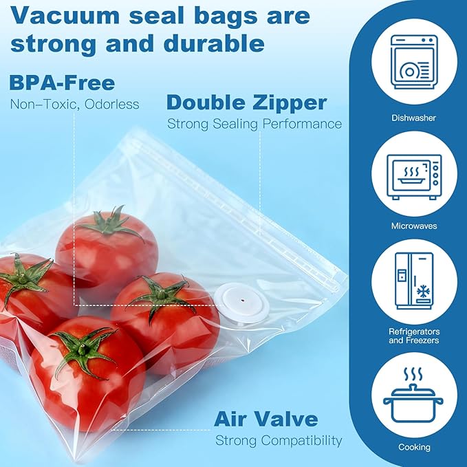 Vacuum Sealer Bags with Air Valve,8 PCS 10"×11" Reusable Vacuum Seal Bags，BPA-Free Heavy Duty Food Storage Bags for Food Storage, Cooking