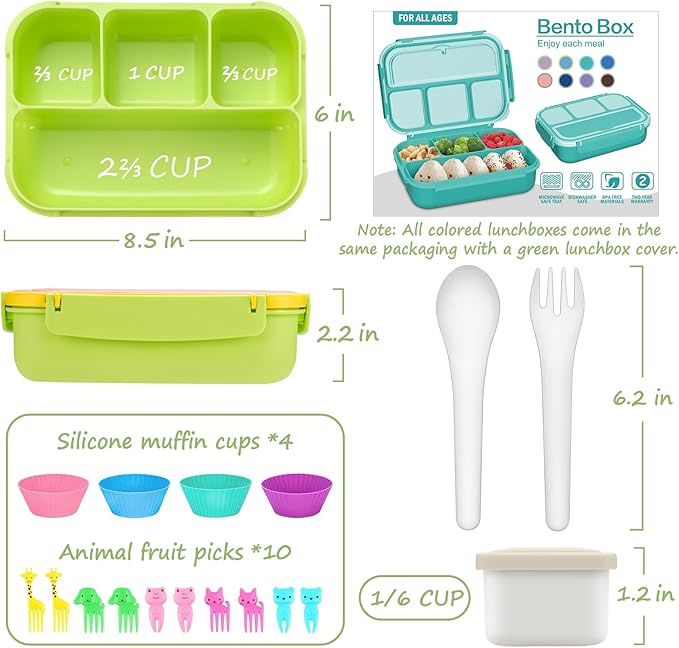 QQKO Bento Box for Kids Adults, School Toddler Lunch Box for Boys Girls, Lunch Box Containers with 4 Compartments, Sauce Container, Utensils, Food Picks and Muffin Cups for School, Pink Yellow Green