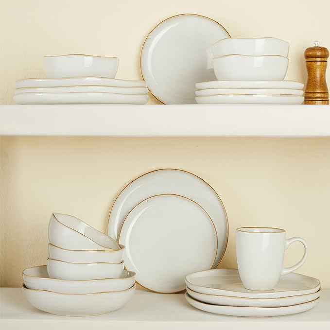 24 Piece White Ceramic Plates and Bowls Sets for 8, Reactive Glaze Stoneware with Coastal‑Line Look | Ideal for Holiday Entertaining, Thanksgiving, and Large Family Meals