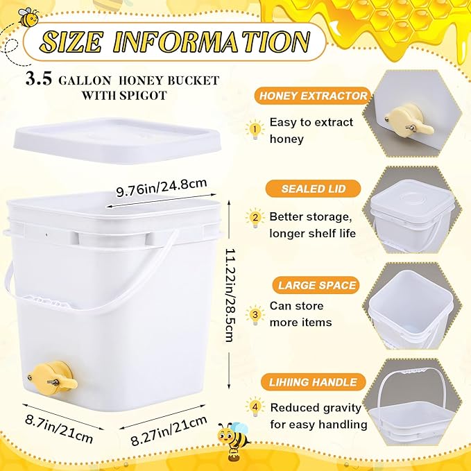 Threehoney 3 Gallon Honey Bucket with Spigot and Stainless Steel Filters Set Honey Extractor Equipment Food-Grade Bucket with Spigot for Bee Keeping Supplies Extracting Storage (White,3 Gallon)