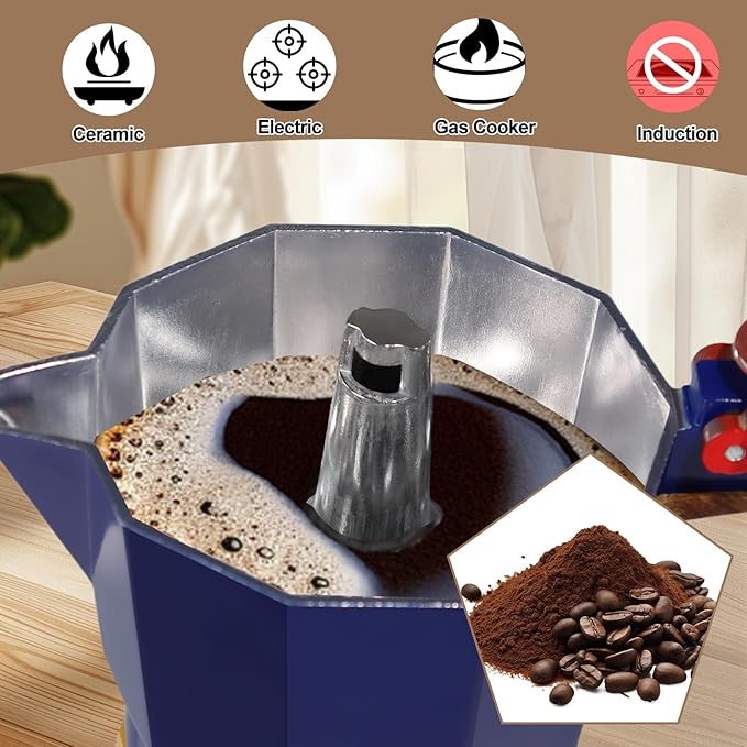 Aluminum 6 Cup 300ml Moka Pot Express Coffee Maker Stovetop Espresso Colorful Coffeemaker Italian Classic Style Brewing Greca Cafe Mocha Machine for Cafeteras Lover Camping Travel and Home Use 10oz