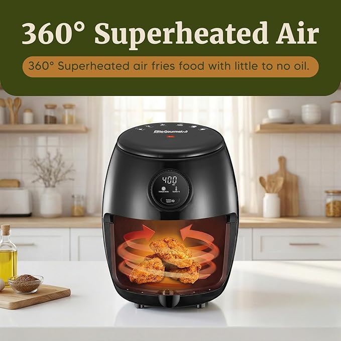 Elite Gourmet EAF2612D Personal 2.1Qt Compact Space Saving Programmable Hot Air Fryer, Oil-Less Healthy Cooker, Timer & Temperature Controls, 1000W, Black