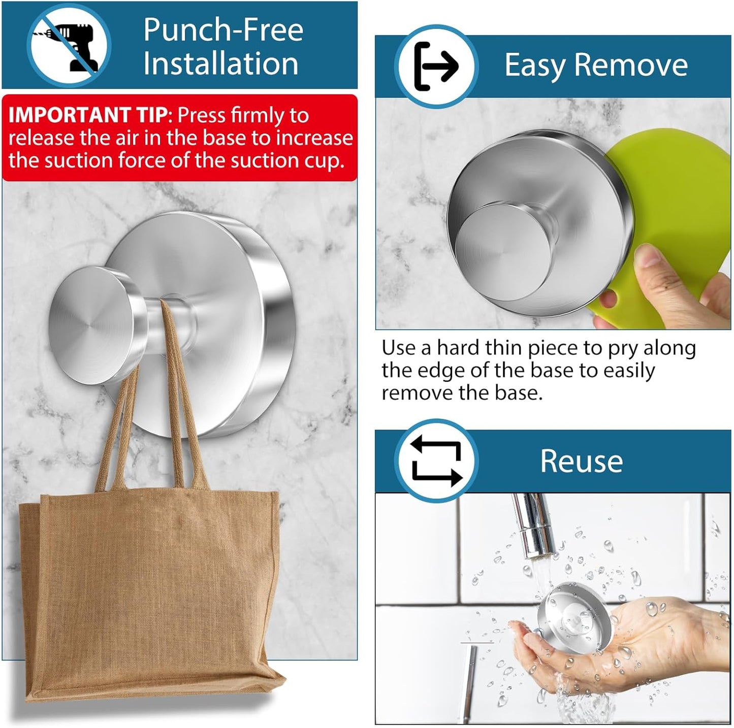 Suction Cup Hooks for Shower, 2 PCS No-Drill Towel Holder for Bathrooms Wall, Glass Door, Mirror, Tiles, Kitchen, Hold Robe & Wreath, Hanging up to 15 lbs – Waterproof & Rustproof, Loofah-Silver