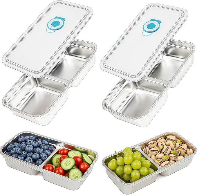 2Pcs 304 Stainless Steel Snack Containers, 2 Compartments Portable Food Storage Bento Boxes with Lids, Divided Meal Prep Lunch Box Food Container Dishwasher Safe