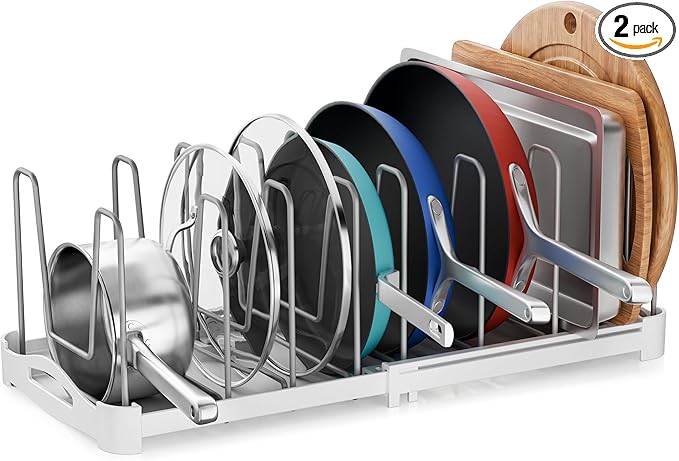 EVERIE Adjustable Bakeware Organizer Pot Lid Holder Rack for Pots, Cake Molds, Cutting Boards, Mats, Cookware, GS02SS, Pack of 2