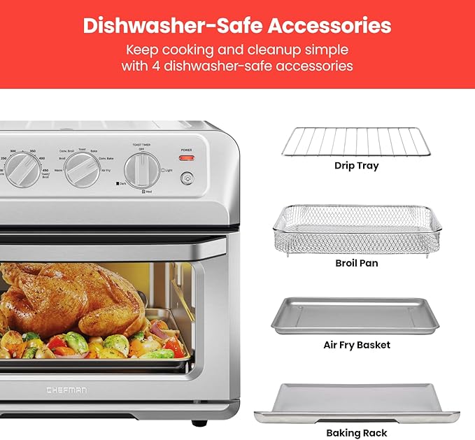Chefman Air Fryer Toaster Oven XL 20L, Healthy Cooking & User Friendly, Countertop Convection Bake & Broil, 7 Cooking Functions, Auto Shut-Off 60 Min Timer, Nonstick Stainless Steel, Cookbook Included