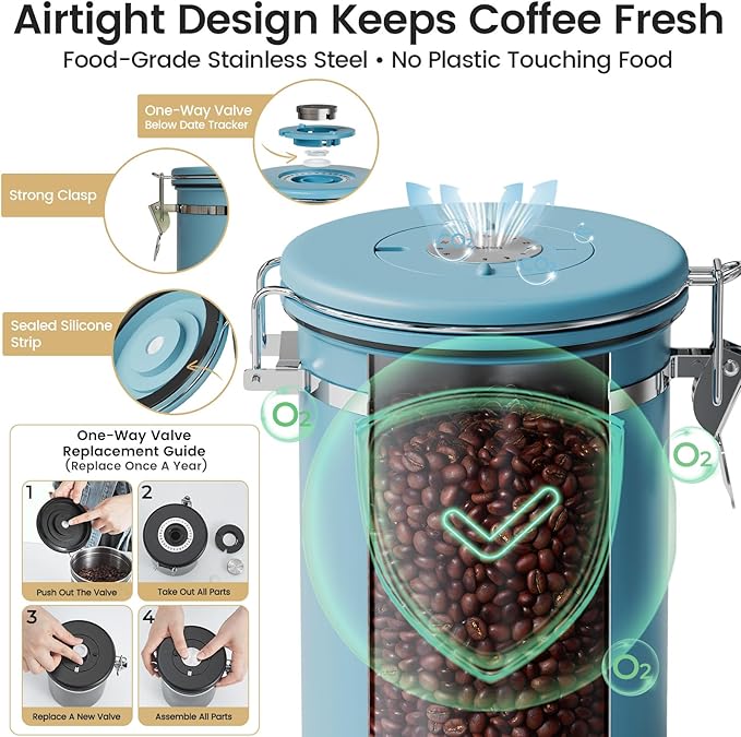 Veken Coffee Canister with Window, Airtight Stainless Steel Kitchen Food Storage Container with Lids, Date Tracker and Scoop for Grounds Coffee, Beans, Tea, Flour, Cereal, Sugar Jars, 22OZ, Blue