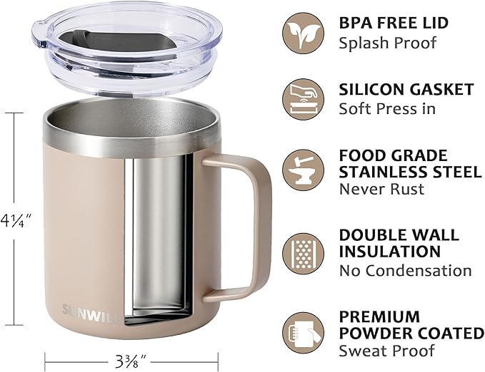 SUNWILL Travel Coffee Mug with Lid, Insulated Tumbler with Handle, 14oz Stainless Steel Cup for Camping, Office, Home, Powder Coated Taupe