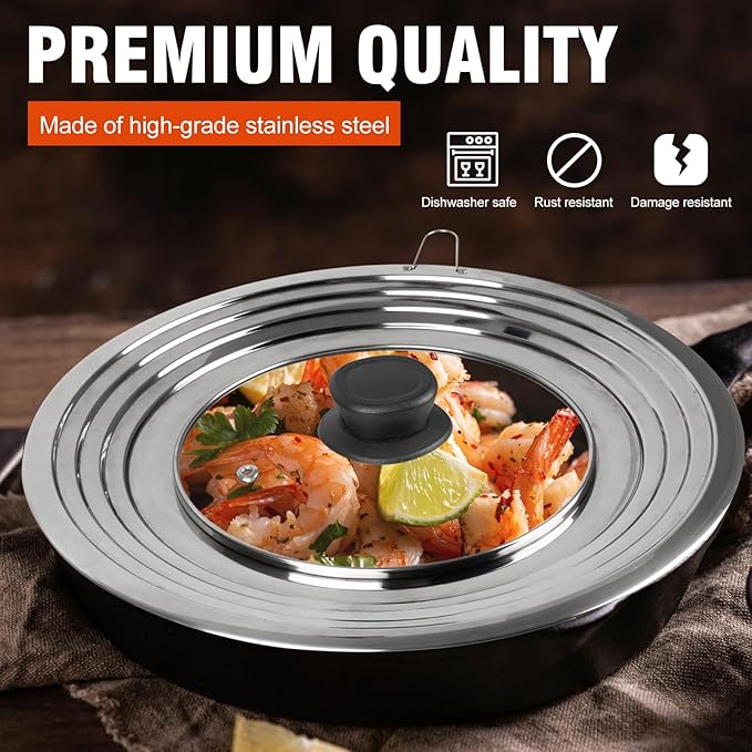 Universal Lid for Pots and Pans Skillets,Pot Lid fit 8.2, 9, 10, 11, 12 and 12.5 Inch Cookware, Large Replacement Frying Pan Cover, Stainless Steel Cast Iron Skillet Lids with Heat Resistant Knob