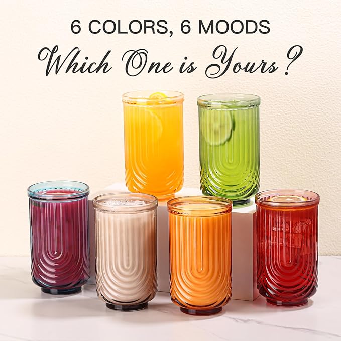 JOVGANK Colored Vintage Glassware Set of 6-17Oz Colorful Water Drinking Glass, Art Deco Ripple Highball Glass, Whiskey Cocktail Glasses, for Bar Ice Coffee Juice, Housewarming, Mother's Day Gift