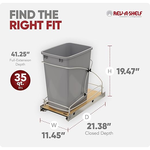 Rev-A-Shelf Steel Bottom Mount Single 35 Quart 8.75 Gallon Waste Bin Trash Container for Under Kitchen Cabinet with Soft Close, Gray, 54WC-1535SC-17-1