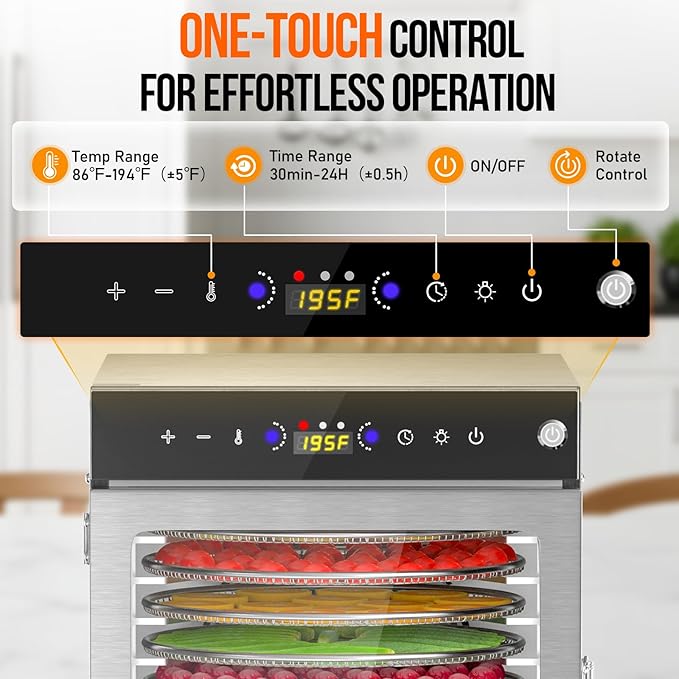 Food Dehydrator 12 Trays - 360° Rotary Meat Dehydrator for Jerky with 194°F Temp & 24H Time Control, 800W Even Heating Food Dryer Machine for Herbs, Fruit, Meat, Yogurt, Silver