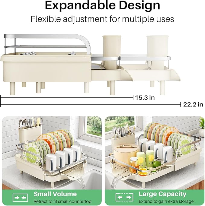 SAYZH Dish Drying Rack - Expandable Dish Rack for Kitchen Counter, Rust-Resistant Dish Drainer with Utensil Holder and Raised Guardrail, Kitchen Organizer for Cup and Bottle (Beige)