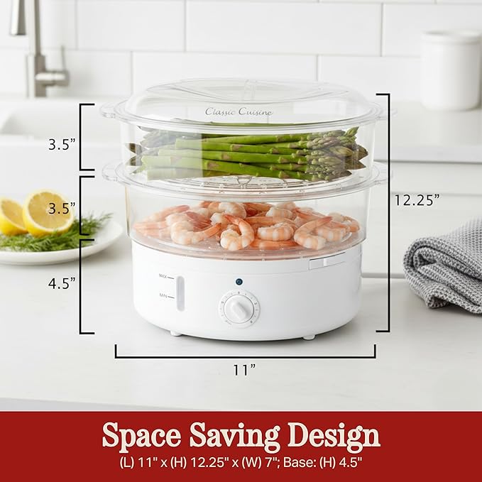 Vegetable Steamer Rice Cooker- 6.3 Quart Electric Steam Appliance with Timer for Healthy Fish, Eggs, Vegetables, Rice, Baby Food by Classic Cuisine, 11"D x 11"W x 12.25"H