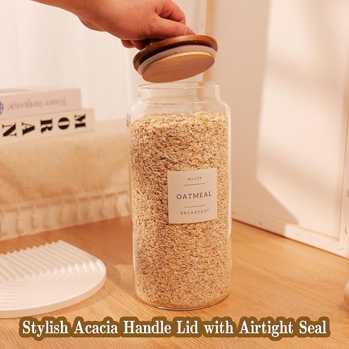 2 Pack Large Glass Flour and Sugar Containers with 132 Pantry Labels - 105 FL OZ Glass Canisters with Bamboo Airtight Lids - Farmhouse Kitchen Glass Pantry Jars for Cookie, Rice, Pasta, Cereal, Salt