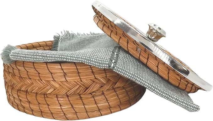 Authentic Mexican Tortilla Warmer Basket - Pine Needle Handwoven with Handloomed Cloth (8" metal Rim w cloth)