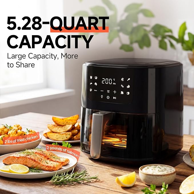 QIDO Air Fryer – 5.5 QT Compact Airfryer for Quick Meals in Minutes, 180°- 450°F Precision Heating, Easy-View Window, Touchscreen Controls with Auto Menus, Nonstick & Dishwasher Safe Basket - Black