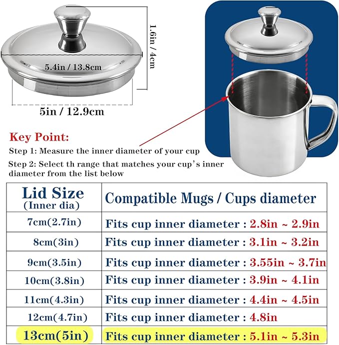 5.1Inch Stainless Steel Universal Pot Lid, Pan Lid Milk Pot Lid Cookware Lid Replacement Accessories for Skillets Frying Pans