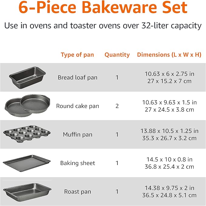 Amazon Basics 6 Piece Nonstick Carbon Steel Bakeware Set with Cake, Muffin, Cookie, and Loaf Pans, Easy Release, Oven Safe, 16.25 x 11.75 x 6.25 inches
