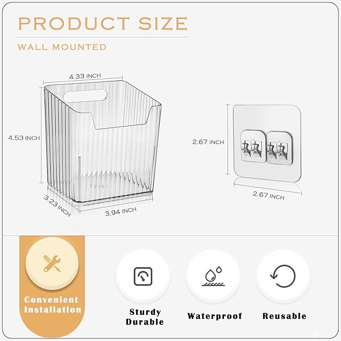 4 Pack Acrylic Wall Mount Organizer, Adhesive Cabinet Door Storage Bins, Clear Makeup Containers, Stackable Organizer Basket for Kitchen, Bathroom, Cabinet, Pantry, Office