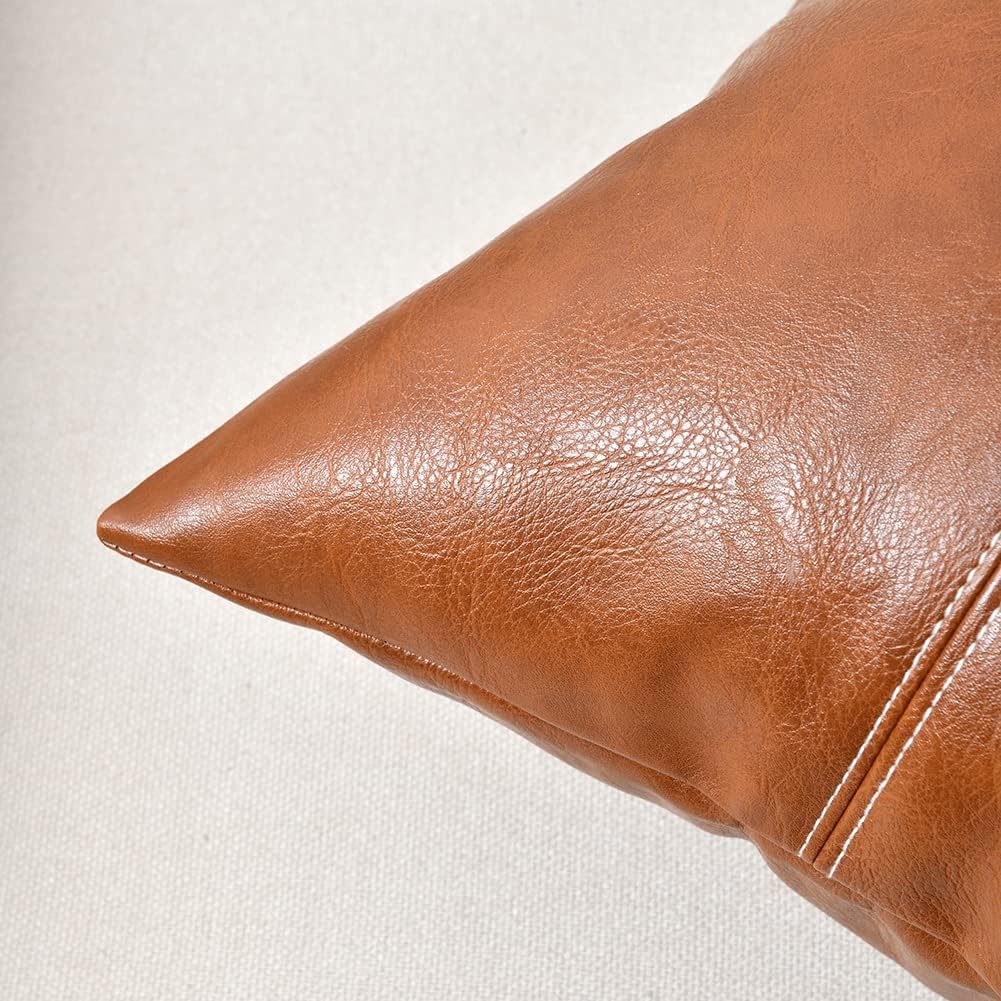 Fancy Homi Brown Boho Faux Leather Decorative Throw Pillow Covers 20x20 Inch for Living Room Couch Bed, Hand Stitched Accent Square Cushion Case 50x50 cm, Luxury Modern Farmhouse Home Decor
