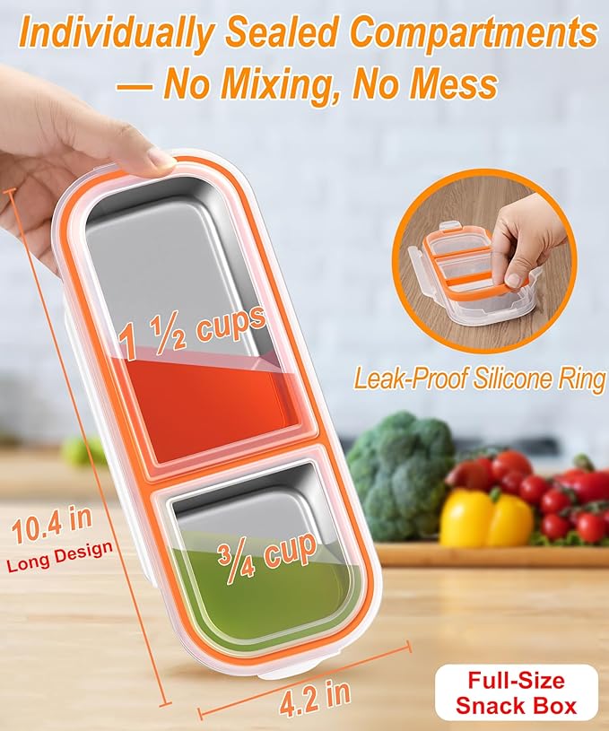 KTKUDY 3 Pack Stainless Steel Snack Containers for Kids & Adults - Large - Leak-Proof 2-Compartment Stackable Snack Lunch Boxes for Daycare, School, Work & Travel