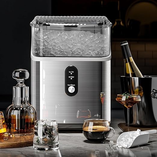 Nugget Ice Makers Countertop,Portable Ice Machine with Crushed Ice, 35lbs/Day,Self-Cleaning,One-Click Operation for Home Use(Silver)