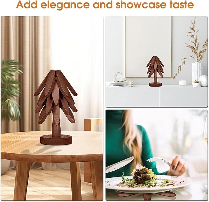 Wooden Cup Coaster Set，Tree Shape Trivet Set,Tree Coasters- 4 Wooden Trivets + 1 Stand stored for hot Dish/Pot/Bowl/teapot/hot Pot Set (Brown)