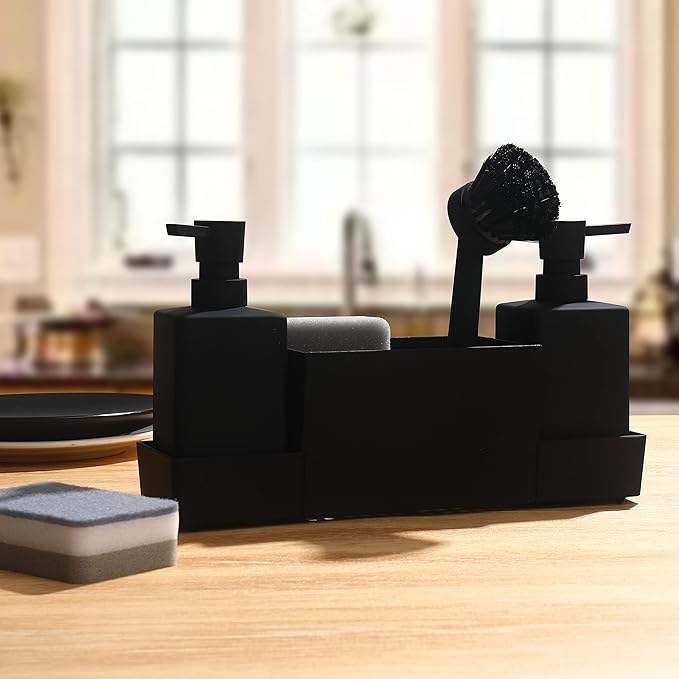 Kitchen Soap Dispenser with Sponge Holder Set for Sink Caddy, Hand Soap and Dish Soap Dispenser with Brush (Black)