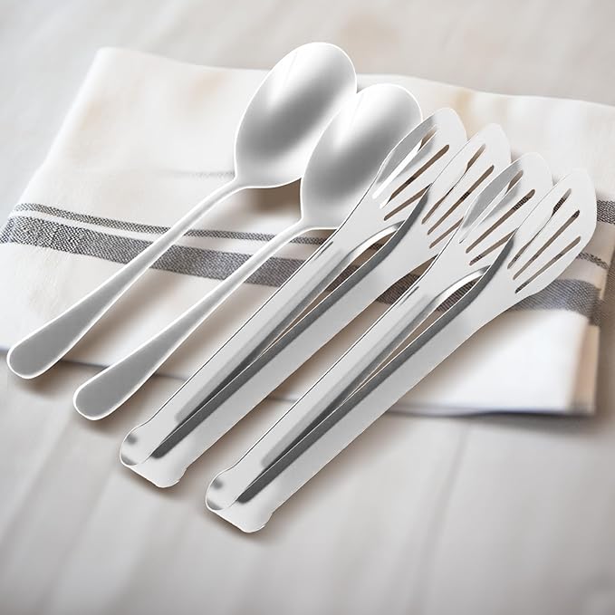 12PCS Stainless Steel Serving Utensils Sets,8 Large Serving Spoons,4 Serving Tongs,Silver Serving Utensills Sets for Buffet Catering Banquet Party (Silver)