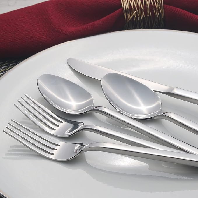 Alata Cube 60-Piece Forged Stainless Steel Flatware Set Cutlery Set, Silverware Set Service for 12, Mirror Finish, Dishwasher Safe