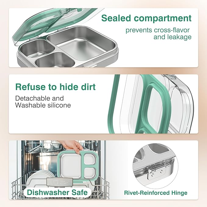 HOMEKOL Stainless Steel Bento Lunch Box, 3-Compartment Leak-Proof Lunch Container for Kids & Adults, BPA/BPS-Free 304 Metal Food Box, Dishwasher Safe, Clear Tritan Lid, Green (Not Insulated)