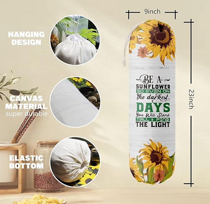 Sunflower Grocery Bags Holder Organizer - Wall Mount Plastic Bags Storage Container Dispenser - Gift for Women, Mother, Grandmother, Friend