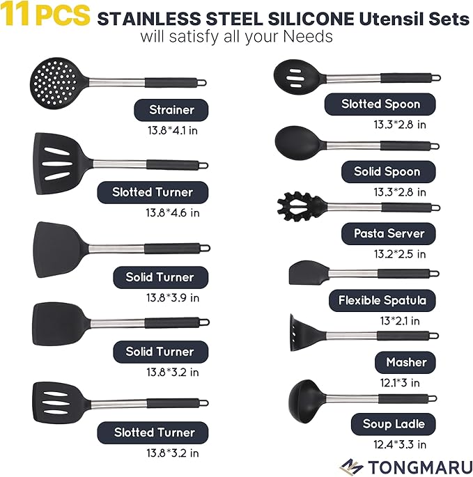 Large Silicone Kitchen Cooking Utensils Set, 11 pcs Cooking Utensils, Kitchen Tools Gadgets for Nonstick Cookware, Spatula, Turner, Masher, Ladle, Strainer, Server, BPA FREE, Dishwasher Safe (Black)