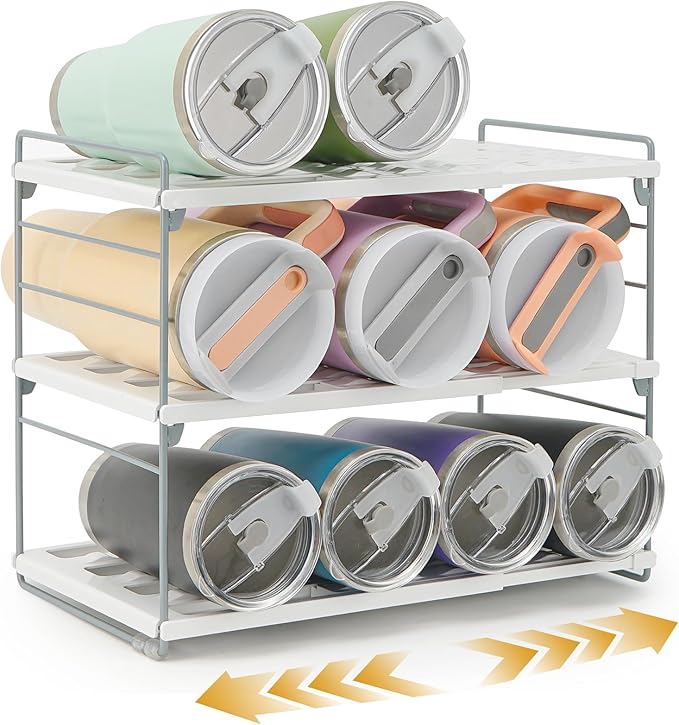 Cirhy 12" Tall 3-Tier Expandable Water Bottle Organizer – Fits 20-40 oz Stanley, Owala, Yeti Tumblers, Shaker Cups & Travel Mugs – Adjustable Storage Rack for Cabinet, Kitchen & Pantry Organization