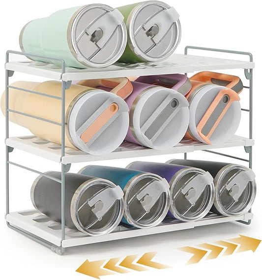 Cirhy 12" Tall 3-Tier Expandable Water Bottle Organizer – Fits 20-40 oz Stanley, Owala, Yeti Tumblers, Shaker Cups & Travel Mugs – Adjustable Storage Rack for Cabinet, Kitchen & Pantry Organization