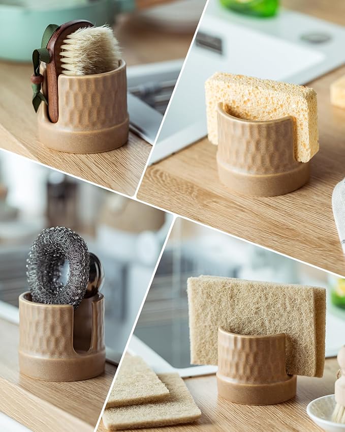 Sponge Holder for Kitchen Sink, Ceramic Sink Caddy Scrub Sponge Tray Dish Rack for Scrubbers, Kitchen Organizer, Brown