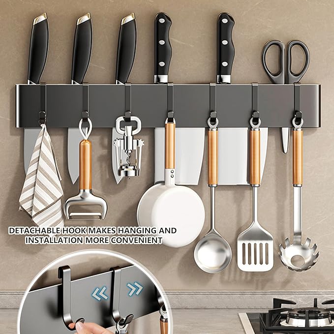 Kitchen Utensil Hanger: Wall Mount Holder Hanging Rack,7 Hooks Utensil Racks,No Drilling for Kitchen,Pantry,Bathroom,Livingroom 15.75 Inch (Black)