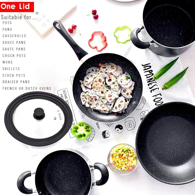 Universal Lid for Pots,Pans and Skillets - Tempered Glass with Heat Resistant Silicone Rim Fits 6", 7" and 8" Diameter Cookware,Black