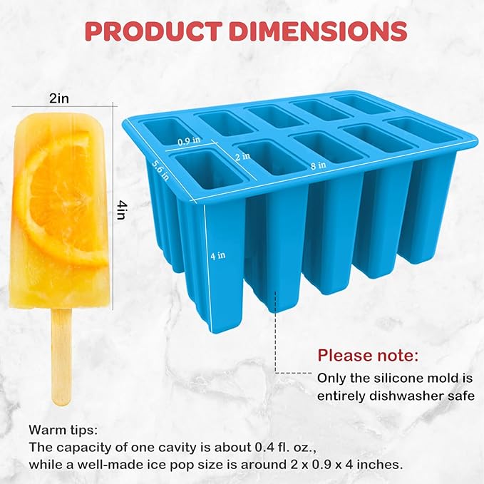 Miaowoof Homemade Popsicle Molds, 10-Cav Non-BPA Silicone Ice Pop Maker, with 50 Sticks, 50 Bags, 10 Reusable Sticks, Funnel, Brush and Ice Pop Recipe (Blue+Bin)
