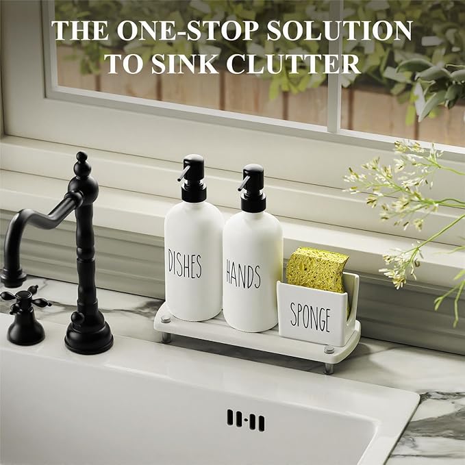Cisily Kitchen Soap Dispenser Set Comes with Ceramics Sponge Holder, Gold Pumps, and Instant Dry Tray, Hand and Dish Soap Dispenser Set (4, Black + White + Sponge Holder)